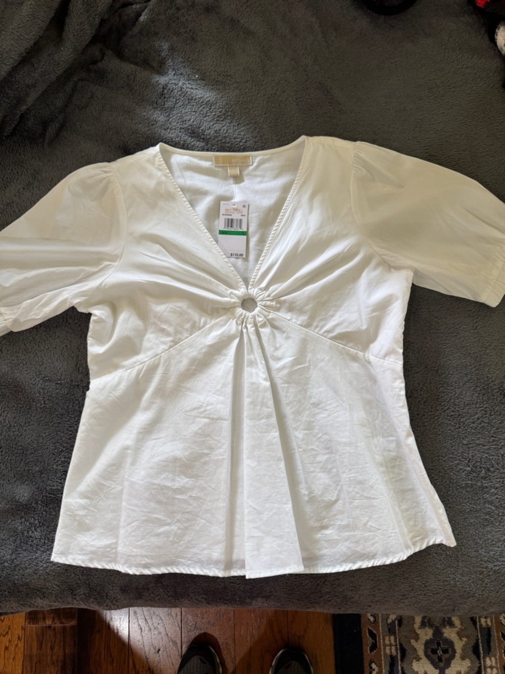 MICHAEL Michael Kors White V-Neck Ring-Detail Short Sleeve Top